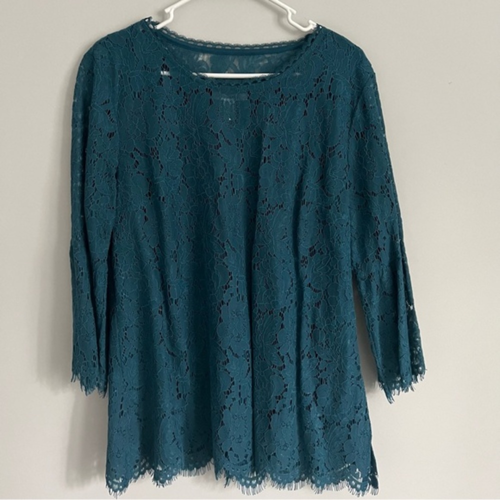 Isaac Mizrahi Teal Blue Lace Bell Sleeve Blouse